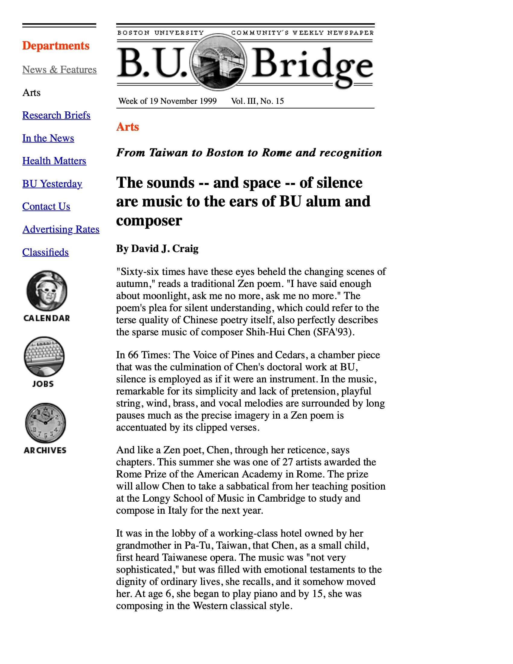 B.U. Bridge - The Sounds and space of silence are music to the ears of BU alum and composer